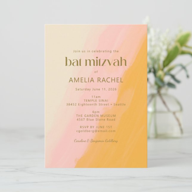 Modern Boho Watercolor Pink Yellow Bat Mitzvah Invitation (Standing Front)