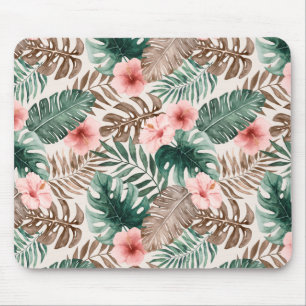 Modern Boho Watercolor Tropical Floral Leaves Mouse Mat
