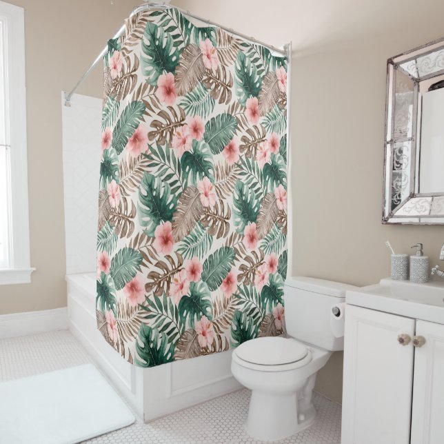 Modern Boho Watercolor Tropical Floral Leaves Shower Curtain (In Situ)