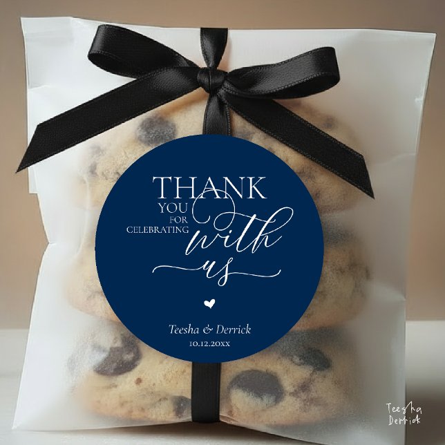 Modern Boho Wedding Cute Heart Thank You Gifts  Classic Round Sticker (Modern Boho Wedding little Cute Heart Huge Love Thank You Gifts Classic Round Sticker in Navy Blue)