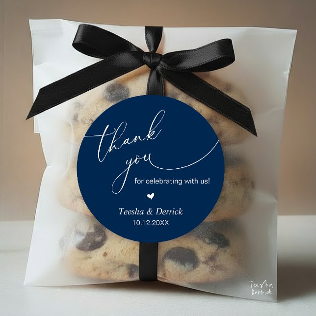 Modern Boho Wedding Cute Heart Thank You Gifts  Classic Round Sticker (Modern Wedding Minimalist Thank You Gifts Classic Round Sticker in Navy Blue, Little Cute Heart)