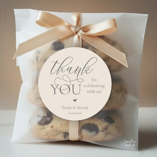 Modern Boho Wedding Cute Heart Thank You Gifts  Classic Round Sticker (Modern Boho Wedding Cute Heart Thank You Gifts Classic Round Sticker in Classy Cream Grey)