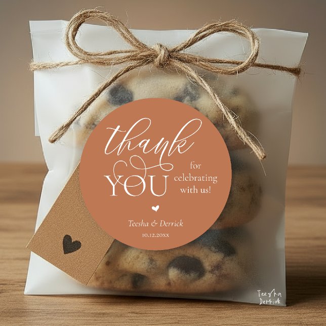 Modern Boho Wedding Cute Heart Thank You Gifts  Classic Round Sticker (Modern Boho Wedding Cute Heart Thank You Gifts Classic Round Sticker in Classy Copper Brown)