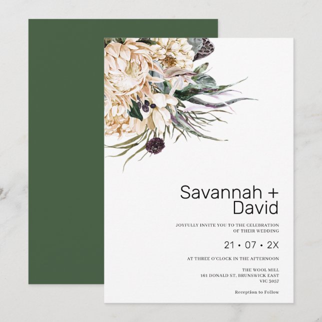 Modern Boho White Protea Pampas Grass Wedding Invitation (Front/Back)