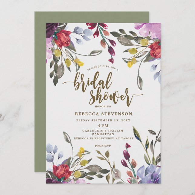 modern boho wild flower bridal shower invitation (Front/Back)