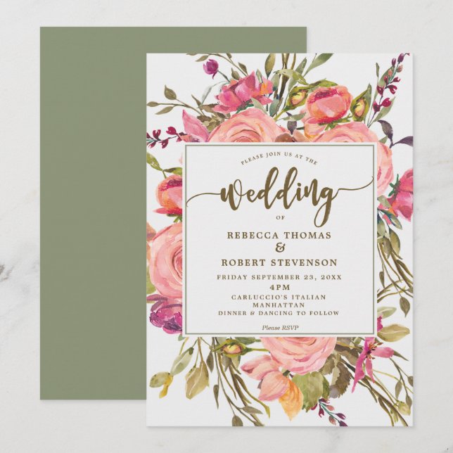 modern boho wild flower wedding invitation grey (Front/Back)