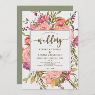 modern boho wild flower wedding invitation grey