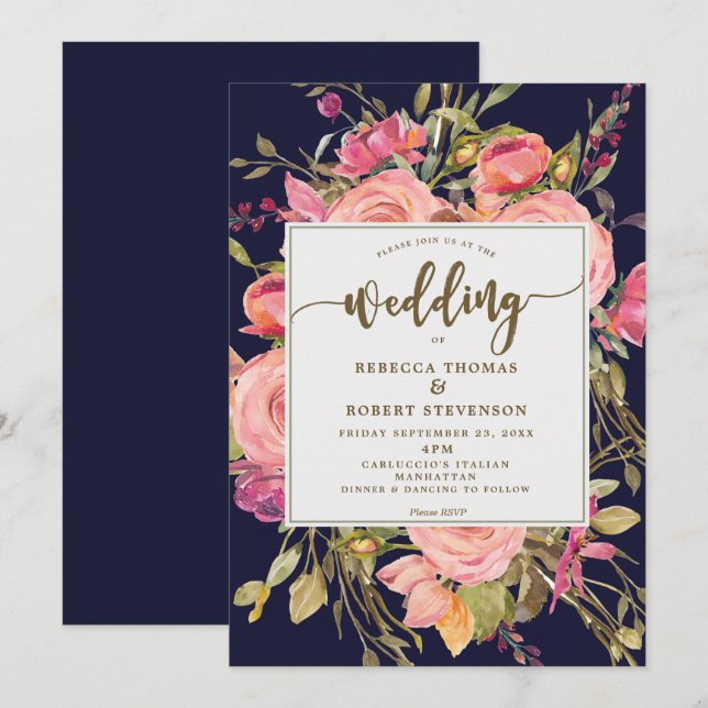modern boho wild flower wedding invitation navy (Front/Back)