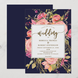 modern boho wild flower wedding invitation navy