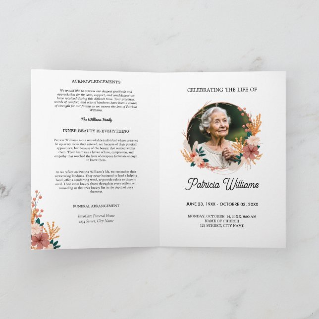Modern Boho Wildflower Funeral Memorial Program Card (Inside)