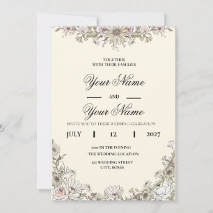 Modern Boho Wildflower Line Art Wedding Invitation