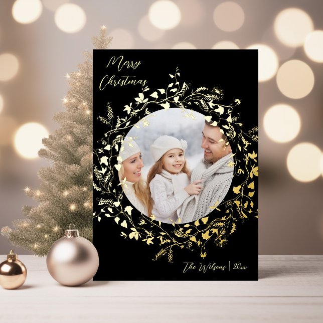 Modern Boho Wildflower Merry Christmas Photo Gold Foil Holiday Card (Creator Uploaded)