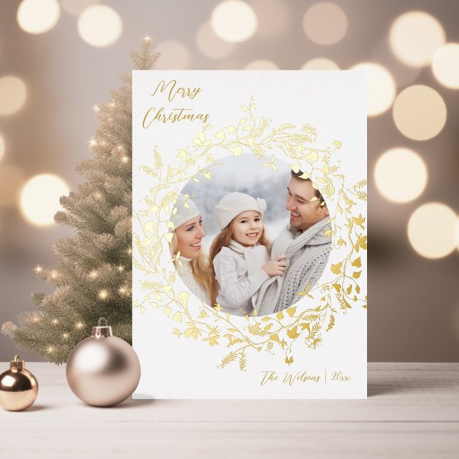 Modern Boho Wildflower Merry Christmas Photo Gold Foil Holiday Card (Creator Uploaded)