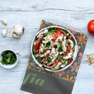 Modern boho wildflower pink yellow pattern grey tea towel