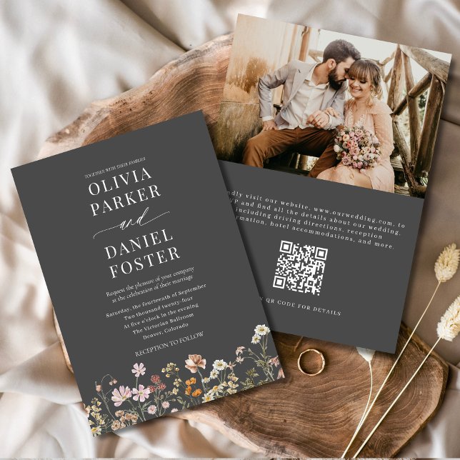 Modern Boho Wildflower QR Code Photo Wedding  Invitation (Creator Uploaded)