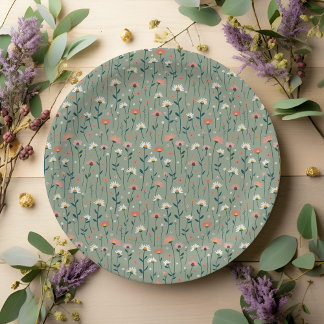 Modern Boho Wildflower Sage Baby in Bloom Shower Paper Plate