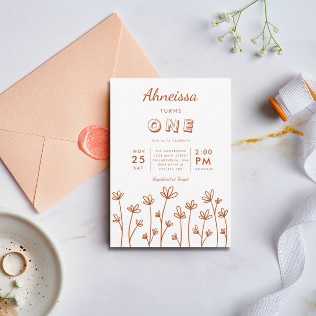 Modern Boho Wildflower Terracotta First Birthday Invitation (Creator Uploaded)