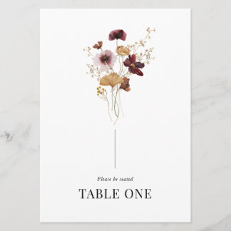 Modern Boho Wildflower Wedding Table Name Number Invitation