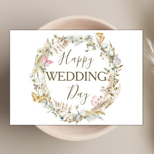 Modern Boho Wildflower Wreath Happy Wedding Day Card
