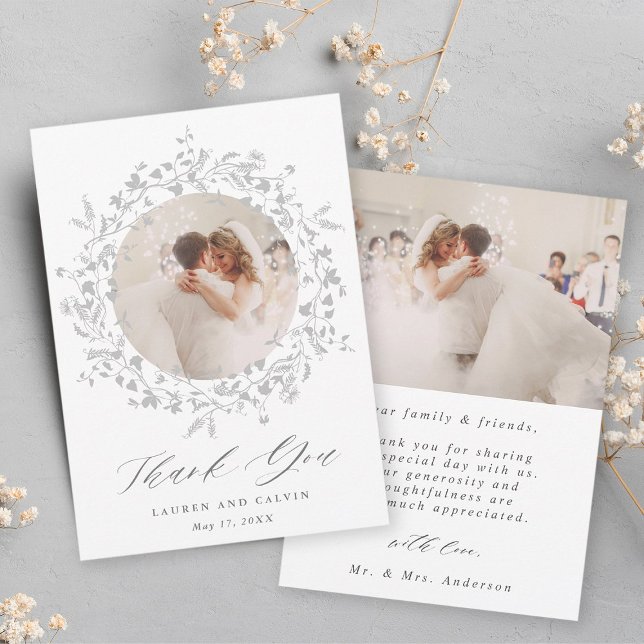 Modern Boho Wildflower Wreath Wedding 2 Photo  Thank You Card (Front & Back)