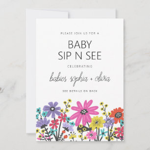 Modern Boho Wildflowers Twin Baby Sip And See Invitation