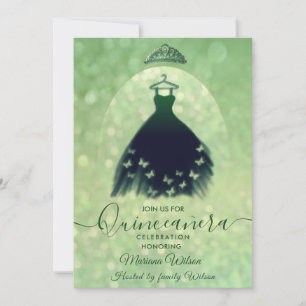 Modern bokeh green butterfly dress tiara Quince Invitation