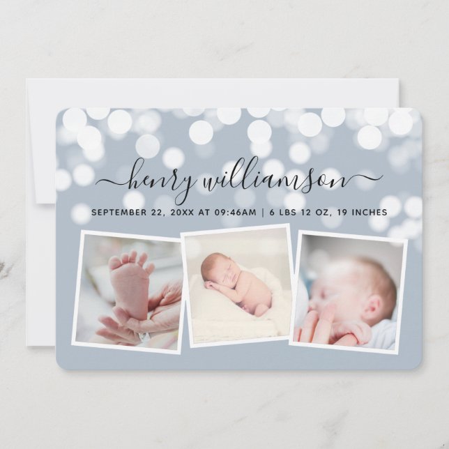 Modern Bokeh Lights 3 Photo Birth Announcement (Front)