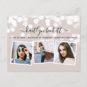Modern Bokeh Lights 3 Photo Graduation Announcement Postcard