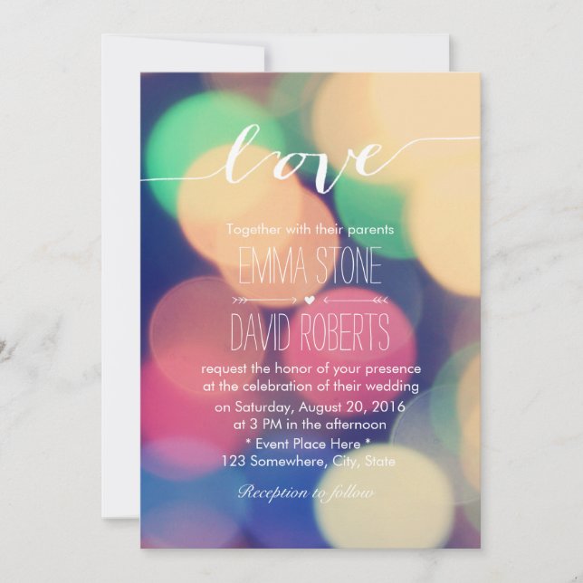 Modern Bokeh Lights Elegant Script Love Wedding Invitation (Front)