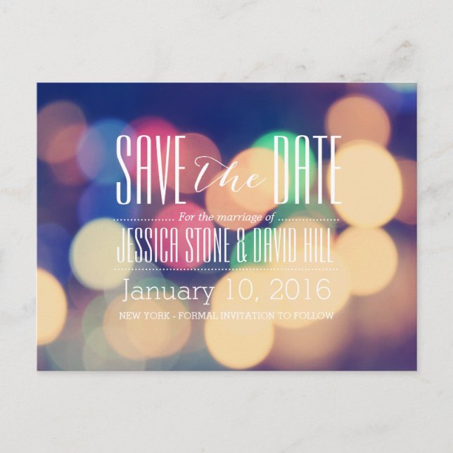 Modern Bokeh Lights Wedding Save the Date Announcement Postcard (Front)