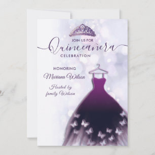 Modern bokeh purple butterfly dress tiara Quince Invitation