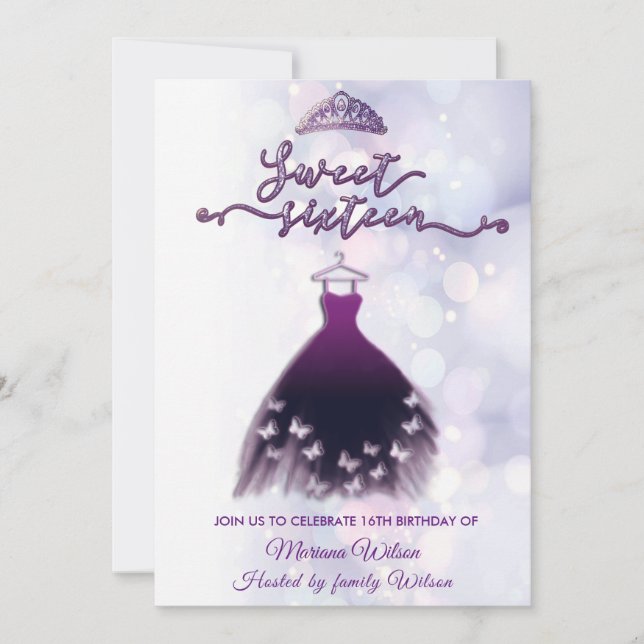 Modern bokeh purple butterfly dress tiara sweet 16 invitation (Front)