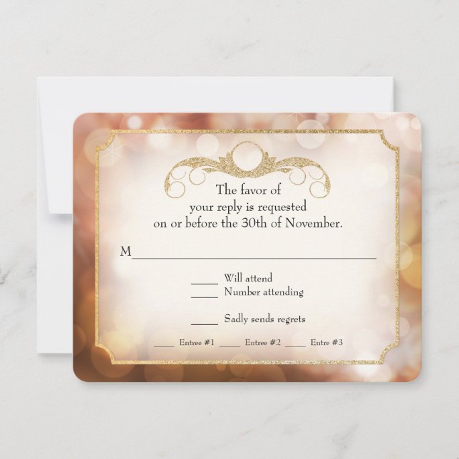 Modern Bokeh Sparkle Twinkle Amber Gold RSVP Card (Front)