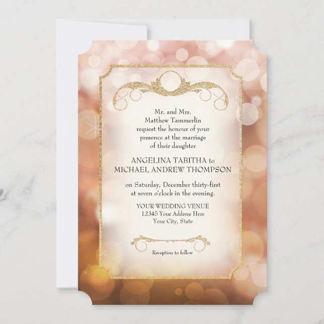 Modern Bokeh Sparkle Twinkle Pink Gold Wedding Invitation (Front)