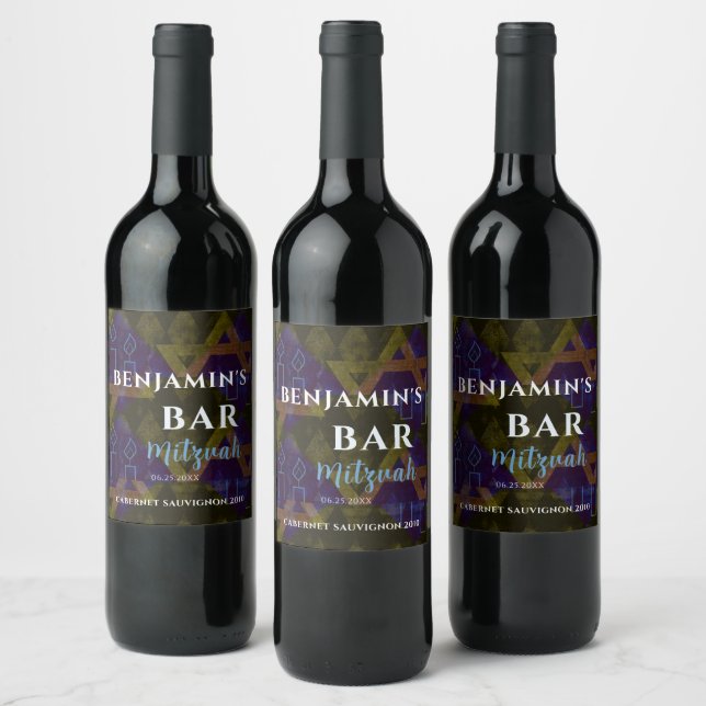 Modern Bold Abstract Blue Bar Mitzvah  Wine Label (Bottles)