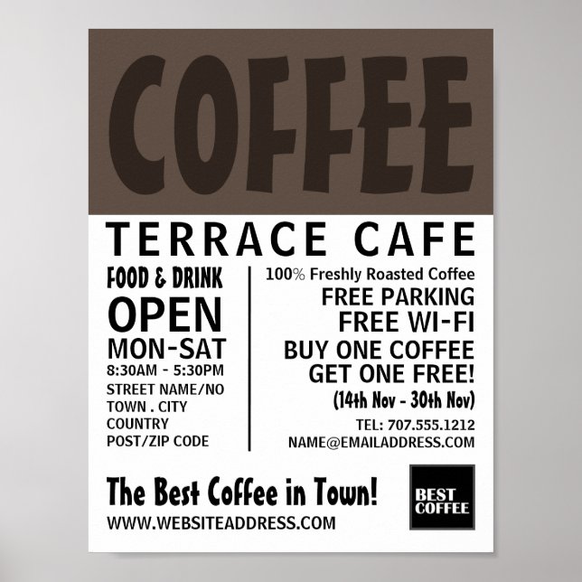 Modern Bold Barista, Café, Coffeehouse Advertising Poster (Front)