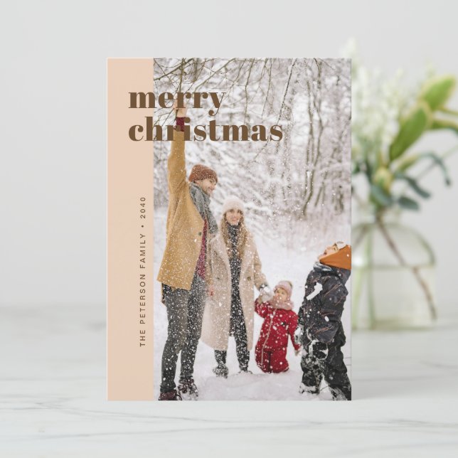 Modern Bold Beige & Brown Merry Christmas Photo Holiday Card (Standing Front)