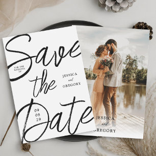 Modern Bold Black and White Script Photo Wedding Save The Date