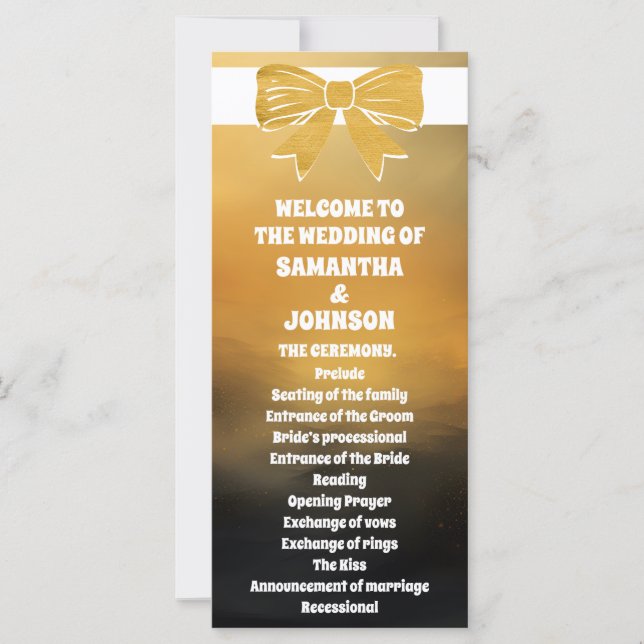 Modern Bold Black Gold Bow Wedding Program Card (Front)