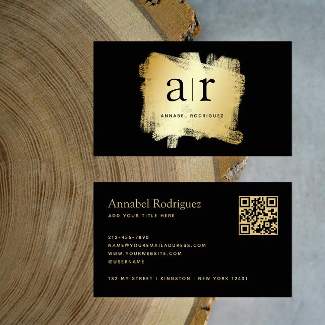 Modern Bold Black Gold Brush QR Code Business Card (Creator Uploaded)