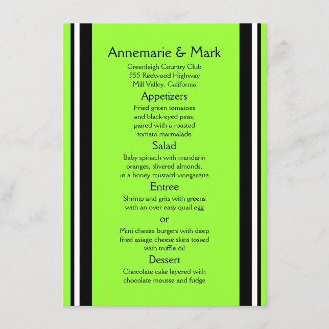 Modern Bold Black Lime Stripes Wedding Menu (Front)