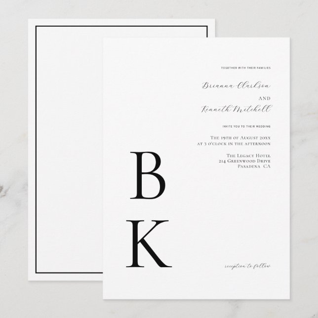 Modern Bold Black Monogram Typography Wedding Invitation (Front/Back)