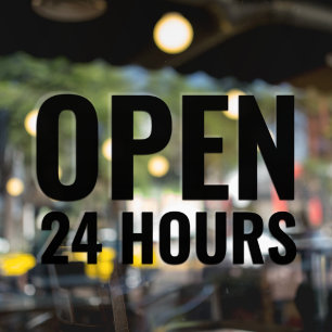 Modern Bold Black “Open 24 Hours”  Window Cling