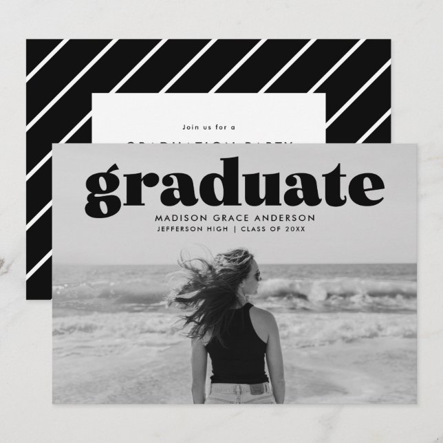 Modern Bold Black Overlay Photo Graduation Party Invitation (Front/Back)