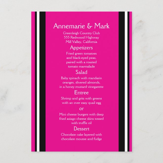 Modern Bold Black Pink Stripes Wedding Menu (Front)