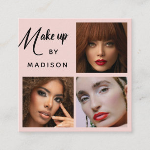 Modern Bold Black Script 3 Photo Makeup Square Business Card