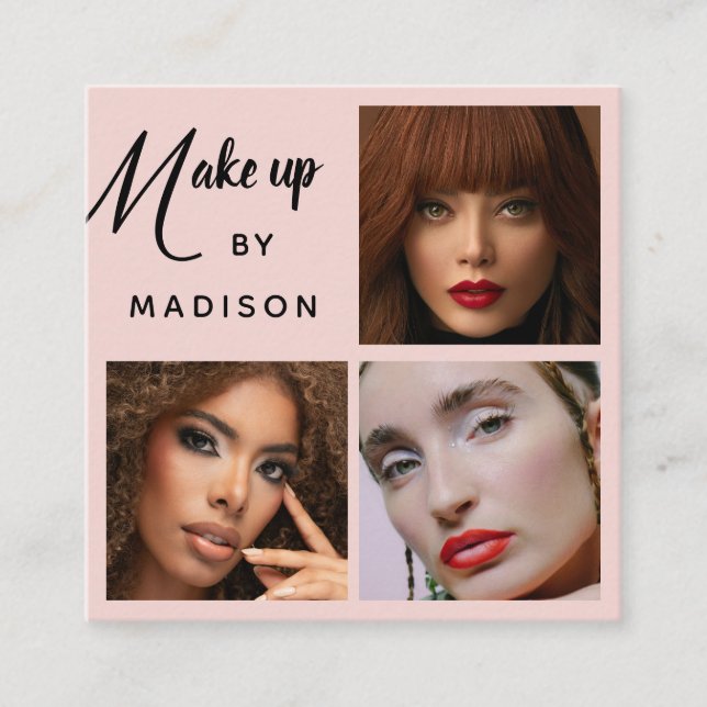 Modern Bold Black Script 3 Photo Makeup Square Business Card (Front)