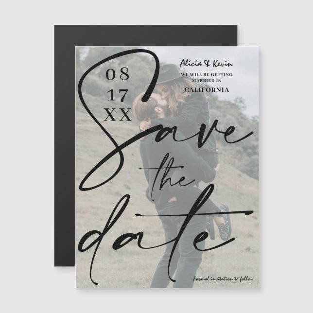 Modern bold black script save the date photo (Front/Back)