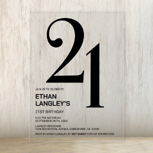 Modern Bold Black Text 21st Birthday Party Acrylic Invitations
