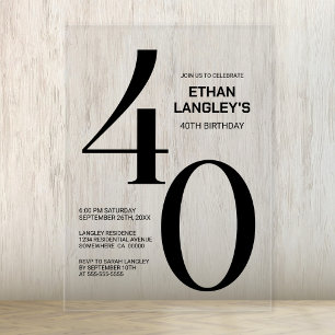 Modern Bold Black Text 40th Birthday Party Acrylic Invitations